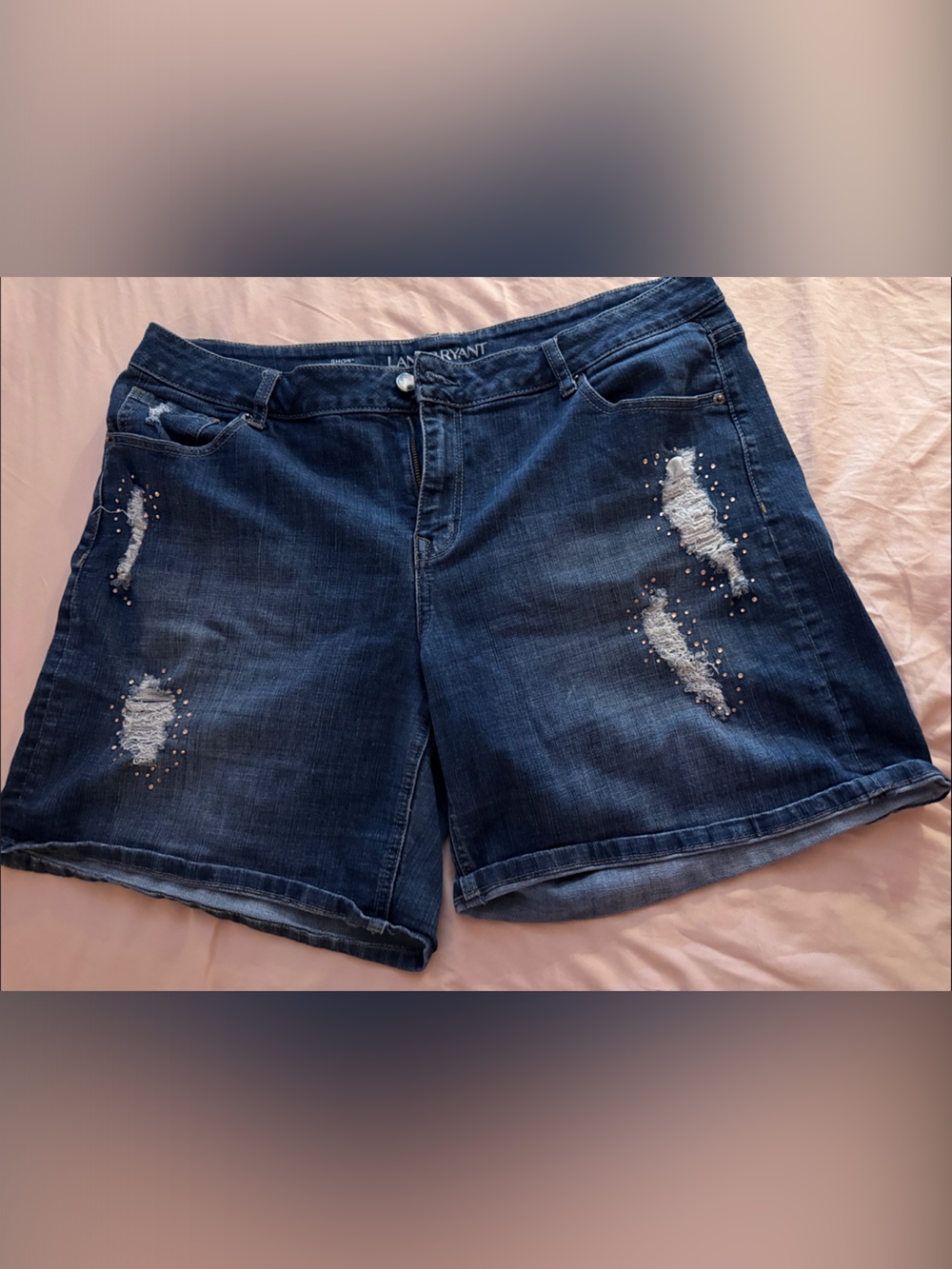 Lane Bryant Dark Blue Distressed Denim Shorts with Rhinestones